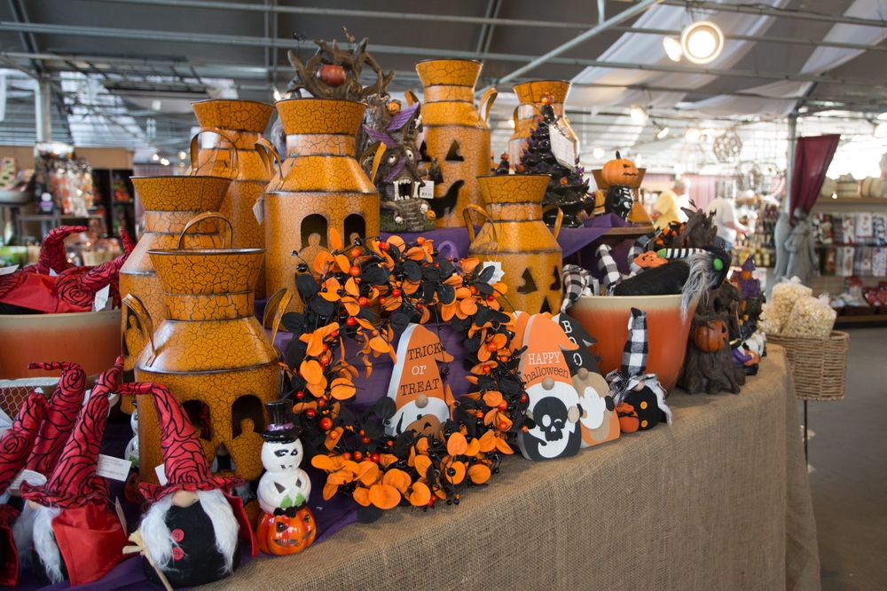 Halloween decorations and props on display inside a store, representing potential hazards that can lead to Halloween premises liability claims.